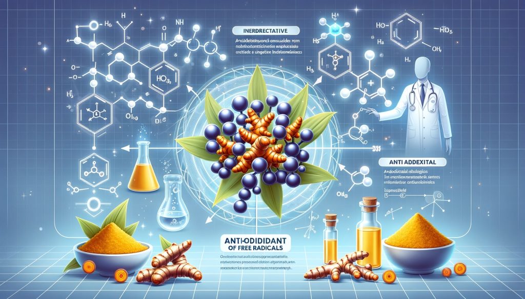 Ilustração científica moléculas de açafrão neutralizando radicais livres Demonstra benefícios do açafrão como antioxidante