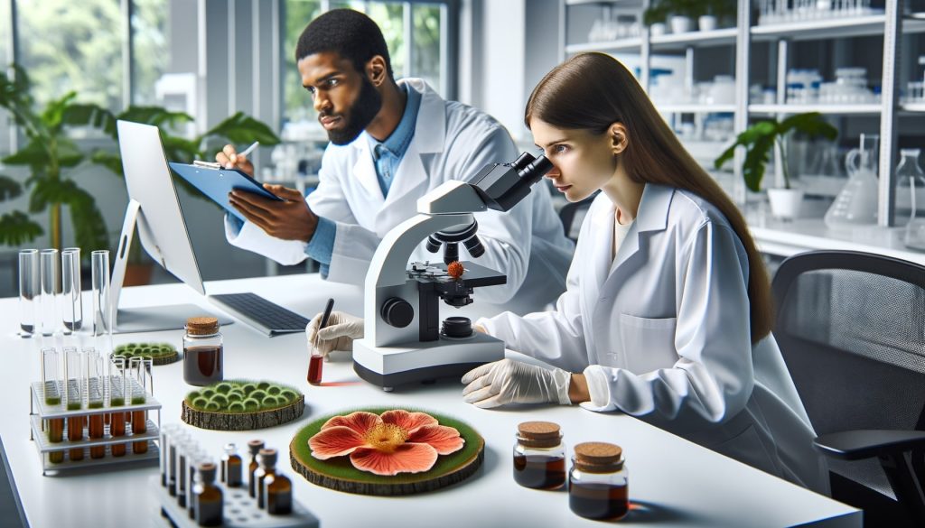 Imagem de um laboratório moderno onde cientistas analisam a Rosa Amazônica