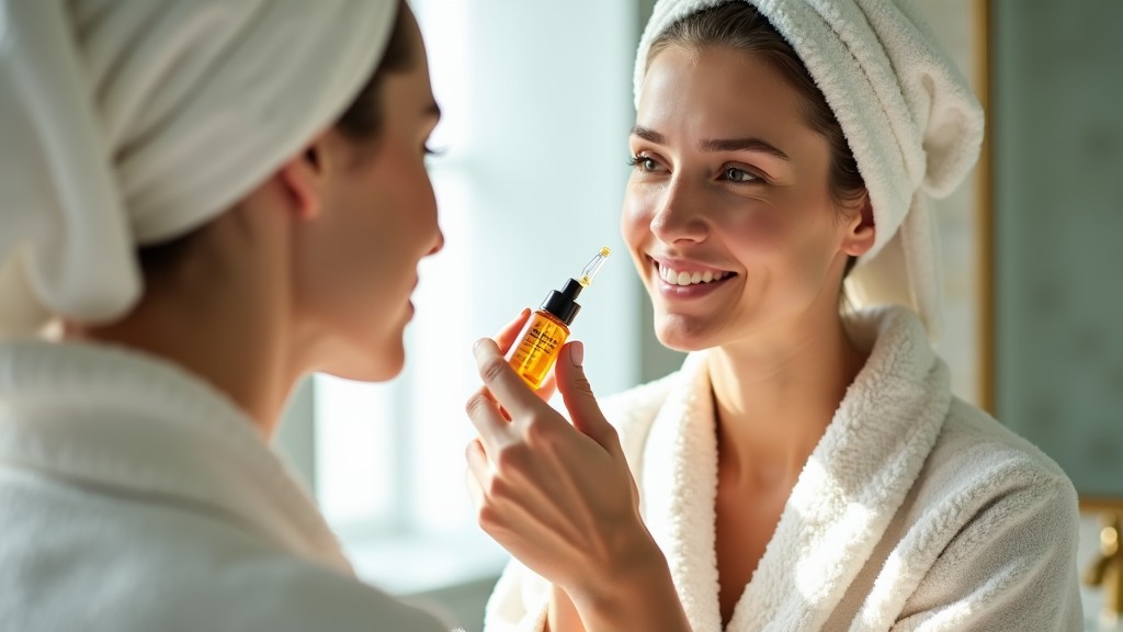 Mulher aplicando soro de vitamina C para uma pele mais brilhante e redução de manchas escuras