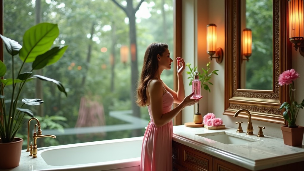 Mulher aplicando serum rosa em banheiro luxuoso com vista para floresta tropical