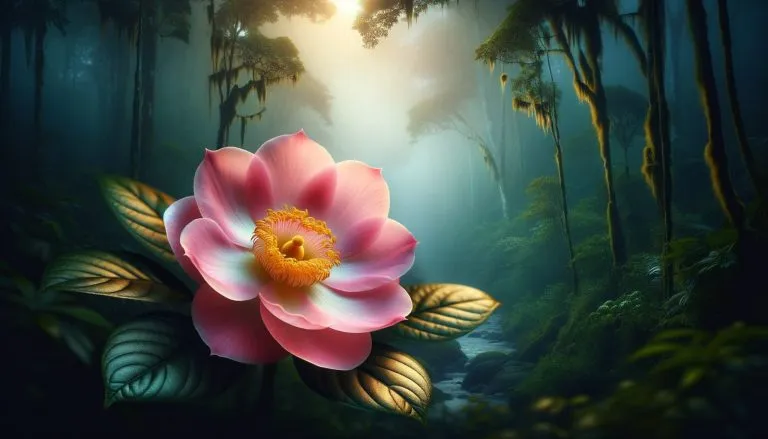 Flor exuberante da Rosa Amazônica em destaque com a floresta amazônica ao fundo revelando os segredos da natureza para cuidados com a pele