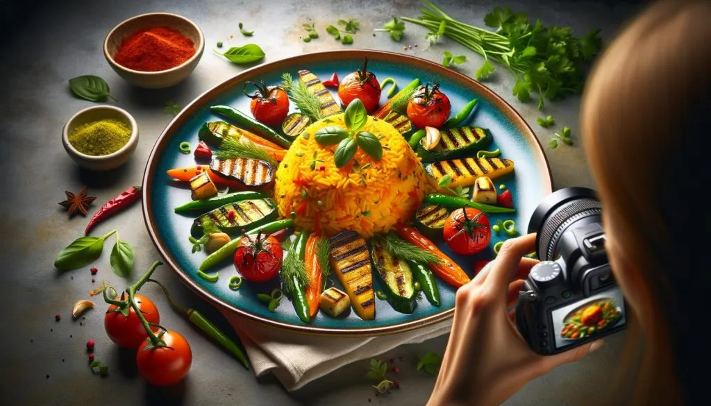 Fotografia de um prato colorido de arroz com açafrão decorado com legumes grelhados e ervas frescas
