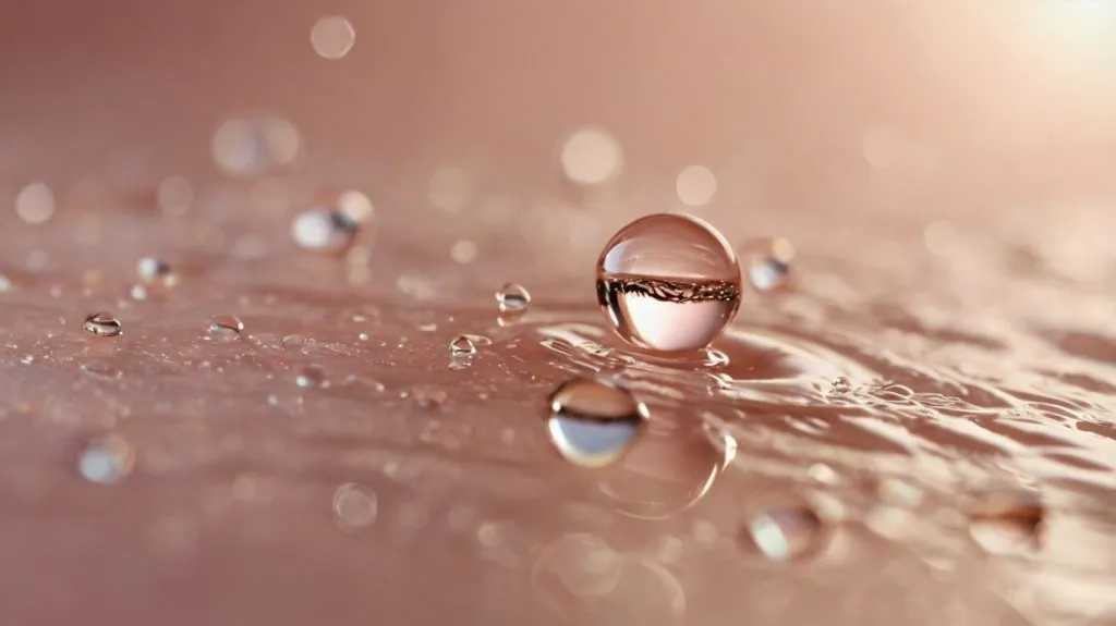 Gota d'água caindo sobre pele hidratada e radiante, representando a hidratação profunda do sérum Rosa Amazônica