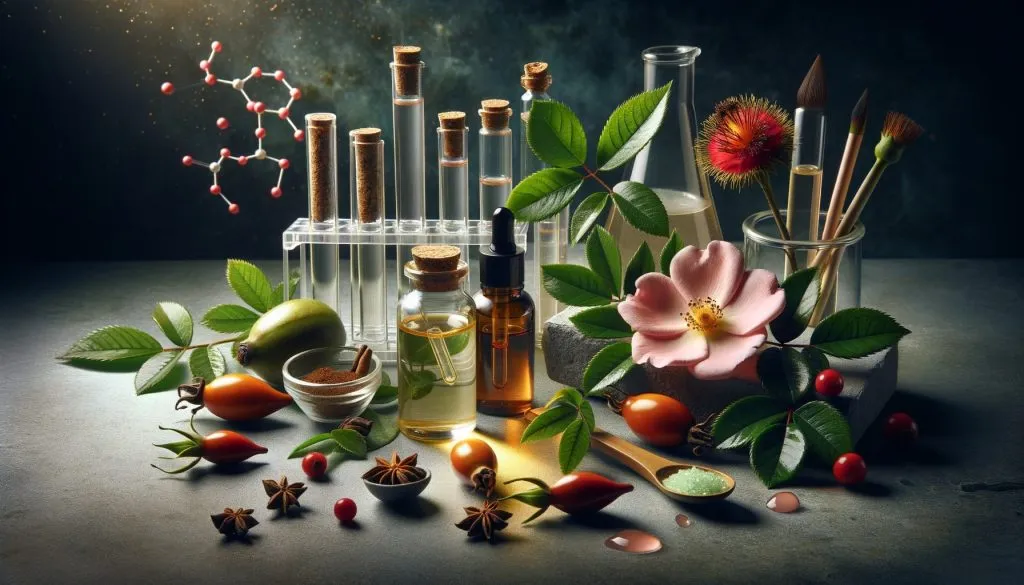 Ingredientes naturais do sérum Rosa Amazônica ao lado de equipamentos de laboratório, ilustrando a combinação de natureza e tecnologia