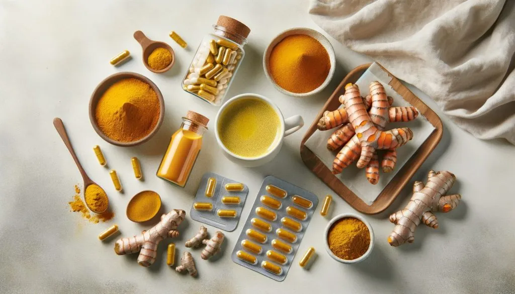 O que é cúrcuma composição de produtos de cúrcuma incluindo raiz fresca pó cápsulas chá em saquinhos e bebida