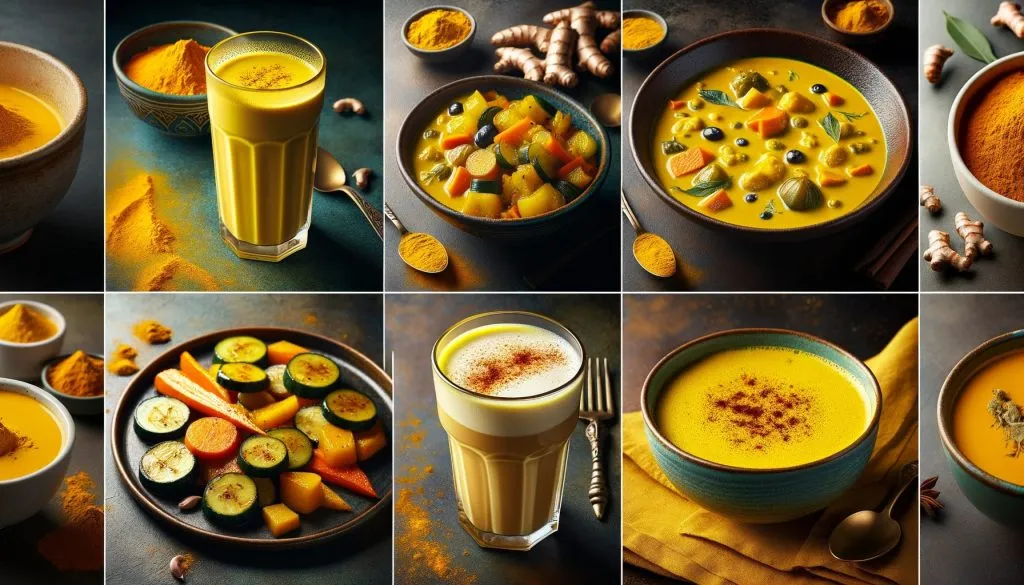 O que é cúrcuma variedade de pratos com cúrcuma incluindo leite dourado curry vegetais assados e latte de cúrcuma