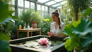 Mulher em estufa botânica com plantas para cuidados da pele e rosa amazônica